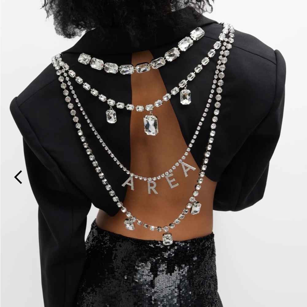 Area , logo nameplate crystal-chain open-back crop blazer.